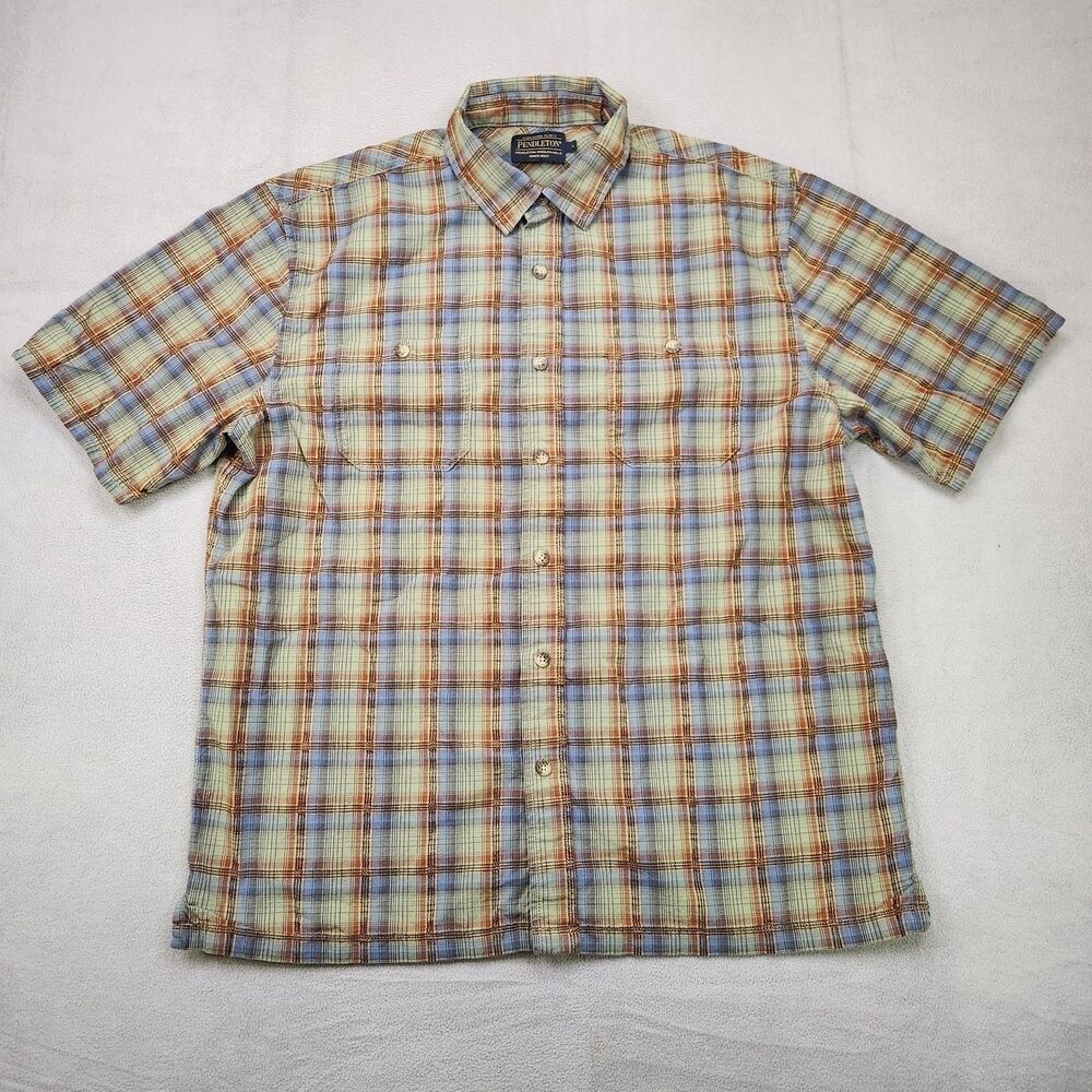 Pendleton Button Up‎ Shirt Men's L Short Sleeve Multicolor Plaid Cotton Pockets